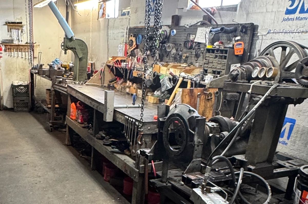 The workbench and transmission test stand at Hale Marine