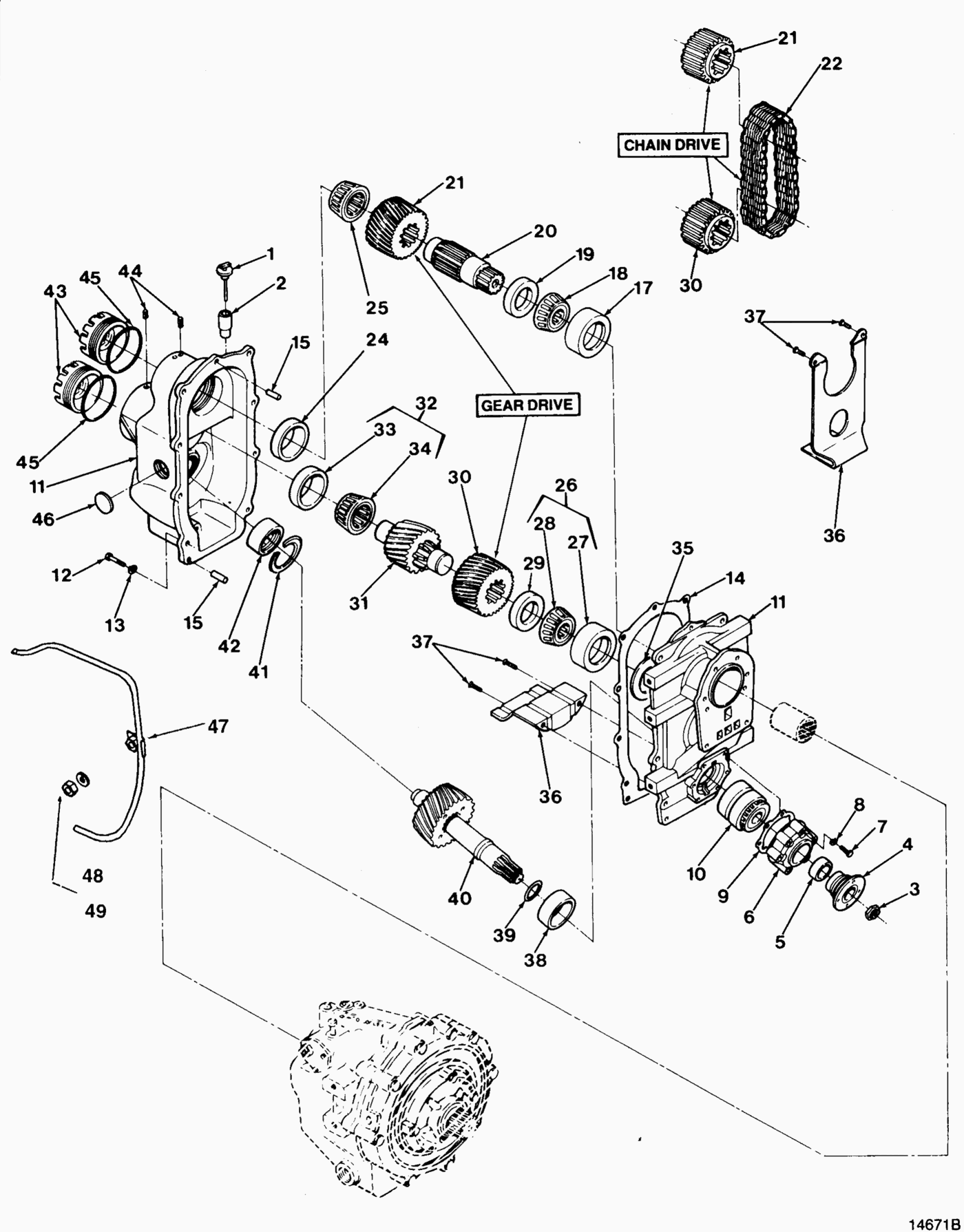 Velvet Drive V-drive gearbox exploded view, Figure 12, with parts numbered 1 to 49