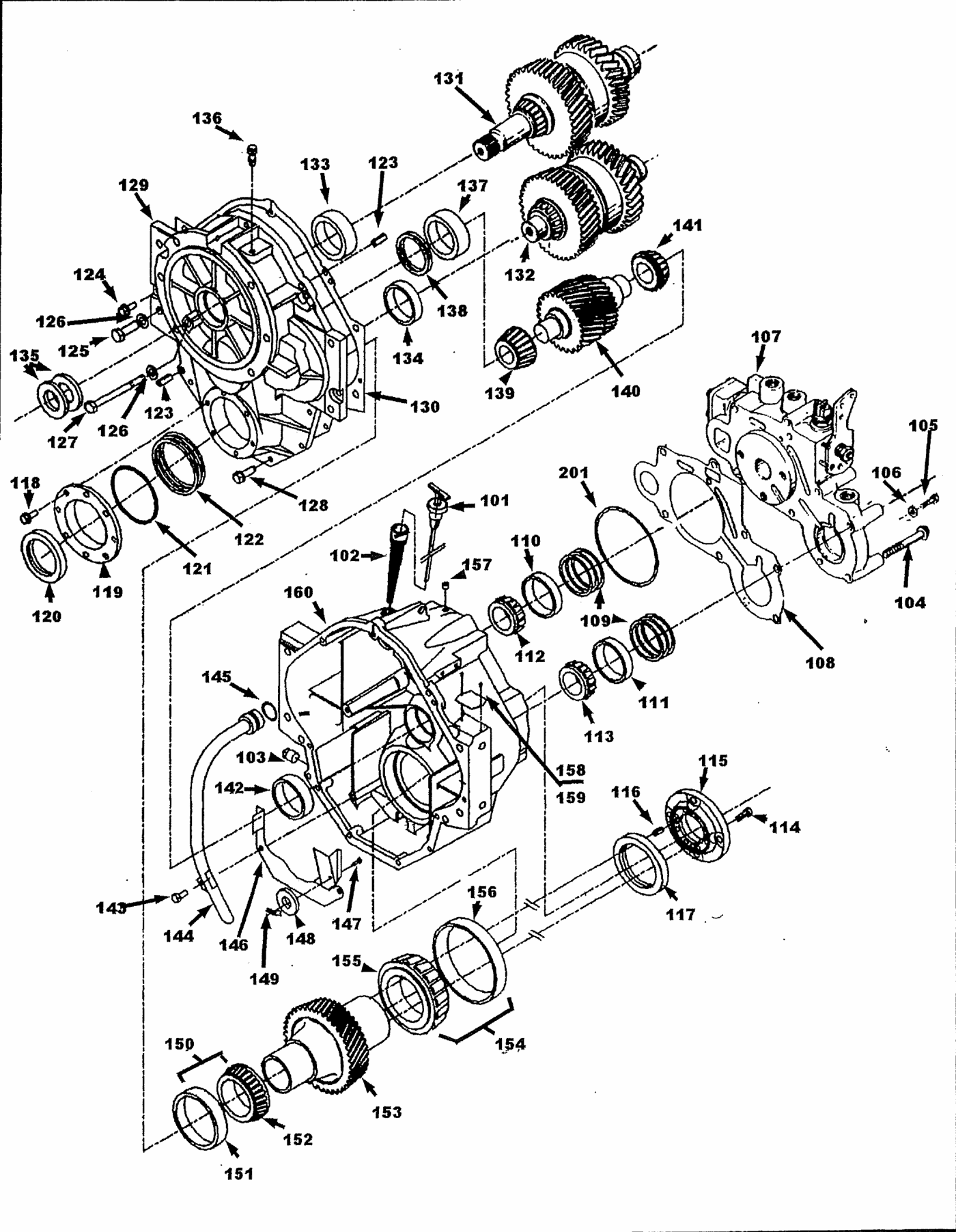 Velvet Drive 5000V transmission assembly exploded view, Figure P-1, with parts numbered 101 to 160