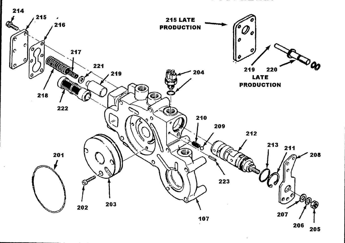 Velvet Drive 5000V valve and pump assembly exploded view, Figure P-2, with parts numbered 107 and 201 to 223