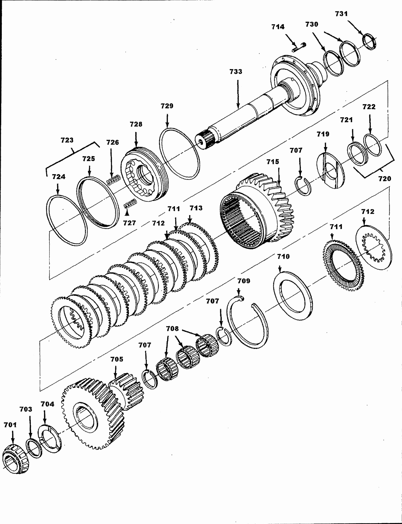 Velvet Drive 5000V input shaft and clutch exploded view, Figure P-3, with parts numbered 701 to 733