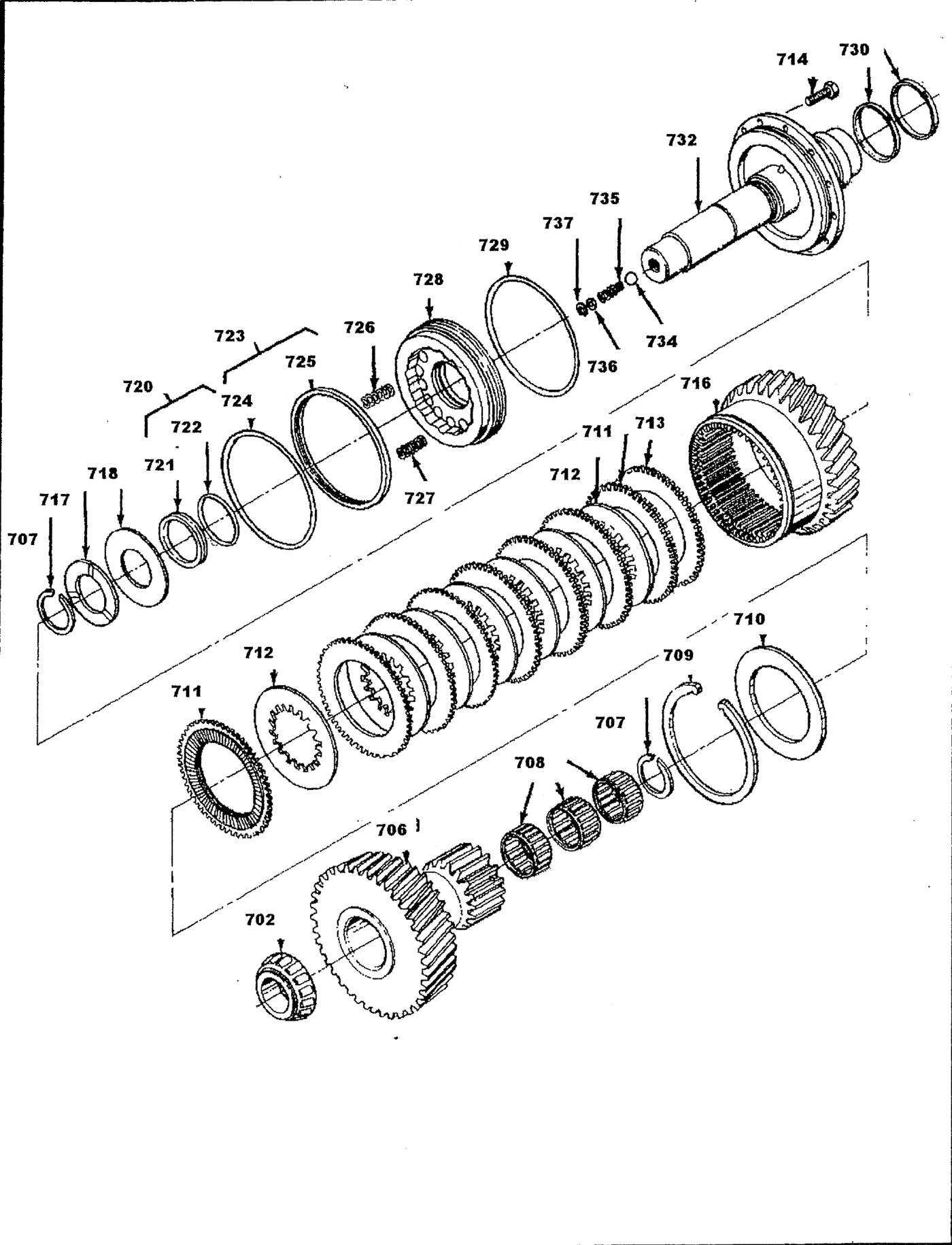 Velvet Drive 5000V lay shaft and clutch exploded view, Figure P-4, with parts numbered 702 to 737